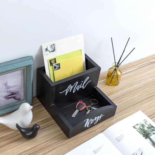 MyGift Urban Modern Mail Holder and Key Organizer Tray in Black Stained Solid Wood Finish, Entryway Storage Catchall with Cursive Mail and Keys Word Design, Office Desktop Organizing Bin - color: Coal Black