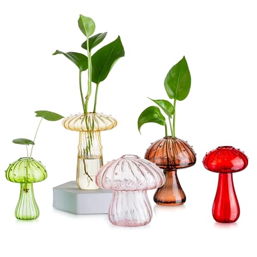 Glasseam Glass Plant Propagation Stations: Set of 5 Colored Mushroom Decor Mini Terrarium Small Vase for Flowers - Indoor Windows Hydroponic Holder Plant Lover Gifts - color: Colorful, size: 5