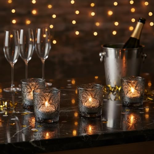 6 Pack Mandala Embossed Glass Candle Holders – Votive Tealight Holders with Patent Design, Decorative Embossed Glass Cups for Wedding Centerpieces, Parties, and Home Décor (Smoky Quartz) - color: Smoky Quartz
