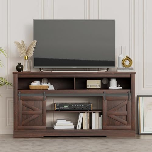 YESHOMY Fireplace TV Stand for Television up to 65+ Inch with Storage and Farmhouse Sliding Barn Doors, Entertainment Center with Cabinet and Shelves, Media Console for Living Room, Dark Brown - color: Dark Brown, style: Sliding Barn Doors Fireplace TV St