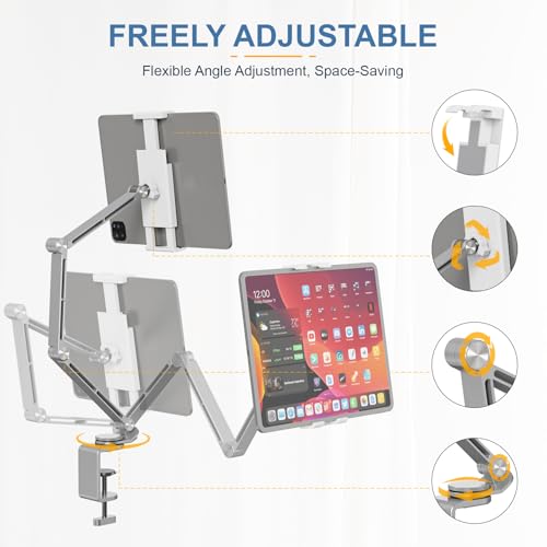 Houele Tablet Stand Holder, Adjustable Foldable Tablet Arm iPad Desk Mount with 360°Rotate Base, Phone Holder iPad Stand for Desk and Bed, Compatible with Tablets, Phones or Other 4-15.6" Device - color: Silver
