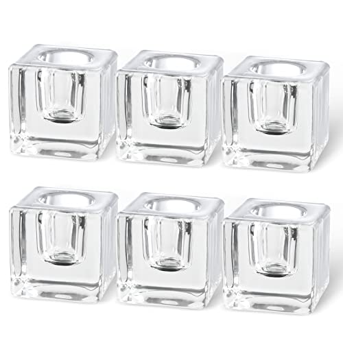 Glass Candle Holder Set of 6 Taper Candle Holders for Candlesticks Clear Crystal Candle Stick Candle Holders for Table Centerpiece Square Candlestick Holders for Wedding Easter Christmas Thanksgiving