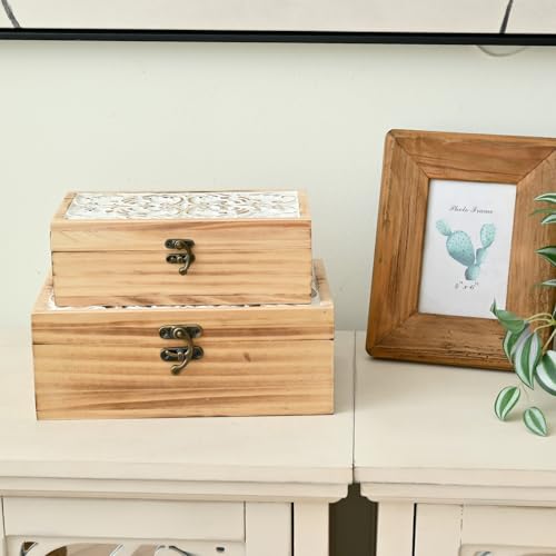 DECOR4SEASON Wooden Storage Box Set of 2 - Hand Carved Floral Decorative Boxes with Hinged Lids - Solid Pine Keepsake Organizer for Jewelry, Photos, and Rustic Farmhouse Home Décor - color: White&Brown, size: S&M