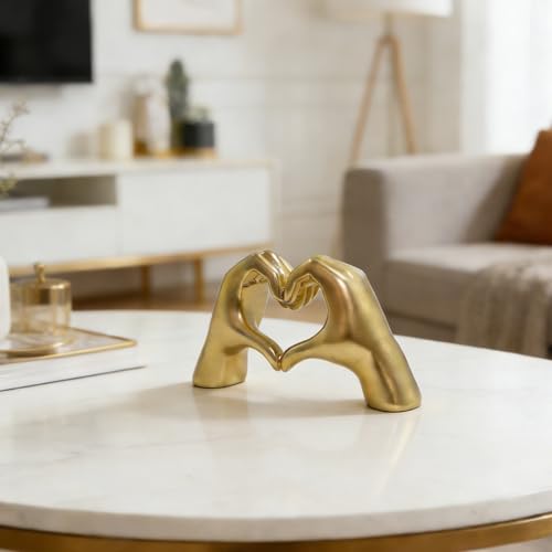 Heart Gesture Sculpture - Modern Gold Resin Hand Heart Statue for Home Decor, Minimalist Aesthetic Room Decor for Shelf, Office Desk, Bookshelf, Coffee Table - Romantic Music Fan (Small) Golden