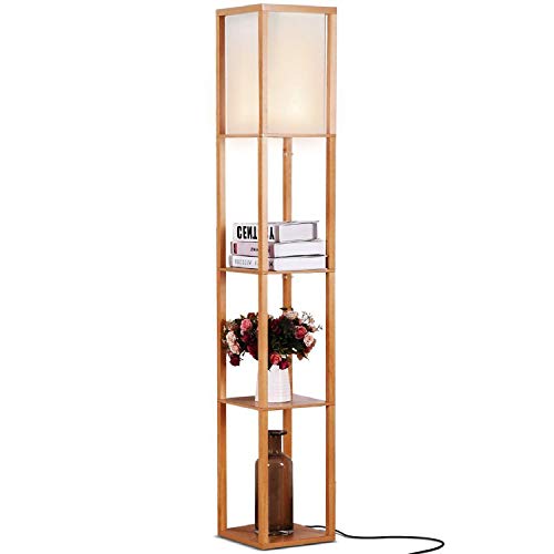 Brightech Maxwell - Modern Shelf Floor Lamp with Lamp Shade & Warm White LED Bulb, Corner Display Floor Lamp with Shelves for Living Room, Bedroom, Nightstand Office, Home Decor Storage - Natural Wood - color: Natural Wood