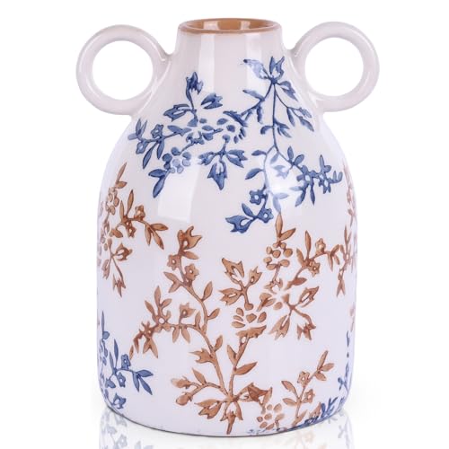 Blue Floral Ceramic Vase with Handle, Nordic Boho Small Vases Side Table Flower Centerpiece, Wide Mouth Single Flower Vase Pampas Grass Decorative - for Home Window Sill Living Dining Room Kitchen - color: Blue Floral