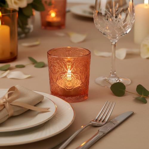 6 Pack Mandala Embossed Glass Candle Holders – Votive Tealight Holders with Patent Design, Decorative Embossed Glass Cups for Wedding Centerpieces, Parties, and Home Décor (Pumpkin Spice) - color: Pumpkin Spice