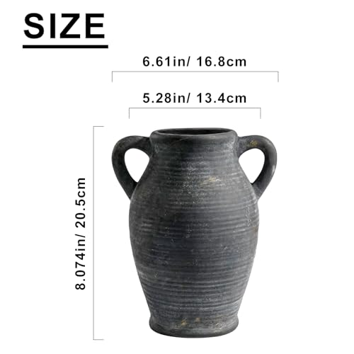 Sunddo Black Vases Home Decor, Rustic Farmhouse Ceramic Vase with 2 Handles, Vintage Stone Pottery Decorative, Living Room, Shelf Enterway, Wedding, Table Decor - color: Rustic Black - 8, size: 8 Inch