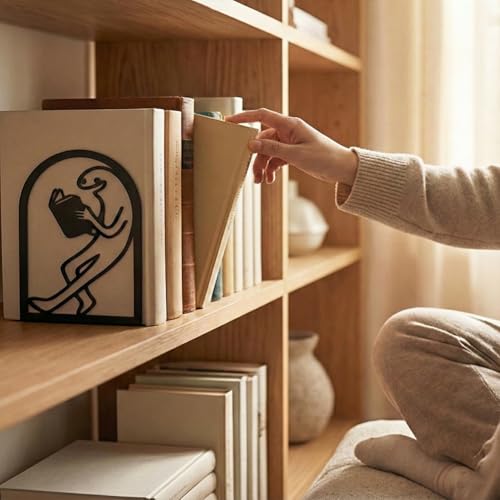 Black Metal Bookends for Shelves Decor Humorous Figure Cute Heavy Duty Bookends for Book Supports, Unique Book Stopper for Office Book Holder Shelf Accessories 1 Pair/2 PCS - style: Funny Reading