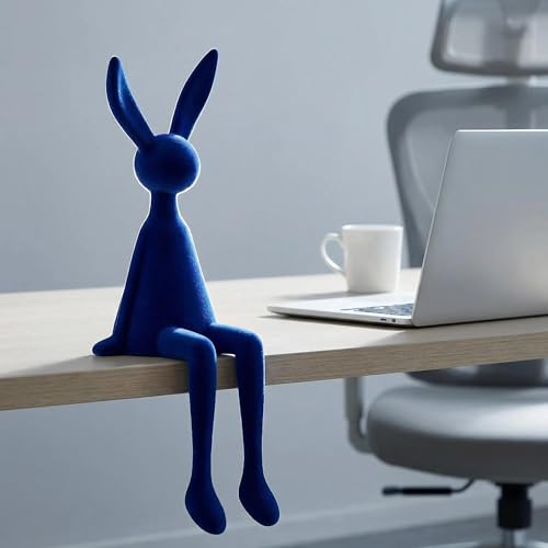 Klein Blue Flocked Bunny Figurine, Modern Sitting Rabbit Sculpture, Resin Abstract Animal Art Statue for Home Decor, Bookshelf Accent (Small)