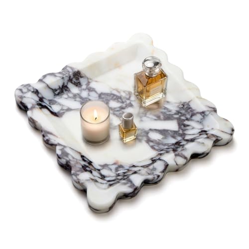 SAMAH Calacatta Viola Natural Marble Tray, Scalloped Storage Dish, Luxury Decorative Trays for Bathroom, Vanity, Dresser, Kitchen & Home Decor, Valentine's Day House Warming Gifts New Home (Square) - size: 7.8" x 7.8" x 0.7"