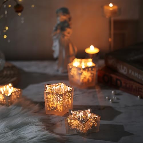 Letine 10pcs Frosted Silver Ribbed Star Candle Cups - Assorted Height Tea Light Candle Holders, Mercury Glass Votives for Wedding, Fall Table Centerpiece& Holiday Decorations (Tall 2.44", Short 1.57") - color: Frosted White, size: 10pcs