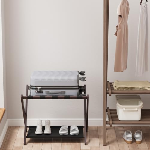 Smuxee Brown Bamboo Luggage Rack for Guest Room, Foldable Suitcase Stand with Storage Shelf, Easily Assembled Luggage Stand with 5 Nylon Straps for Guest Room Bedroom Hotel - color: Brown 1PCS
