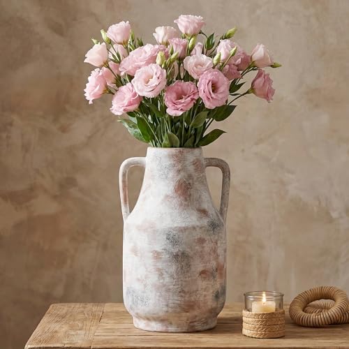 11 Inch Tall Ceramic Vase with Handles, Off-White Farmhouse Rustic Decor | Large Terracotta Style Table Vase for Living Room, Shelf & Fireplace Mantle | Decorative Pottery Centerpiece - color: Terracotta
