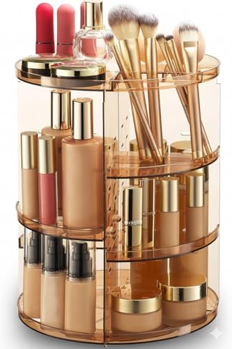 Masirs 360 Rotating Makeup Organizer - Adjustable Shelf Height and Fully Rotatable - The Perfect Round Spinning Cosmetic Organizer for Bedroom Dresser or Vanity Countertop Storage (Brown) - color: Brown