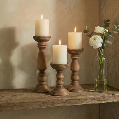 Farmhouse Wooden Candle Holders for Pillar Candles Set of 3, Rustic Wood Candle Holder Table Centerpiece Decor, 12'' 9'' 6'' Vintage Tall Candle Stand Decorative, Brown - color: Natural Brown