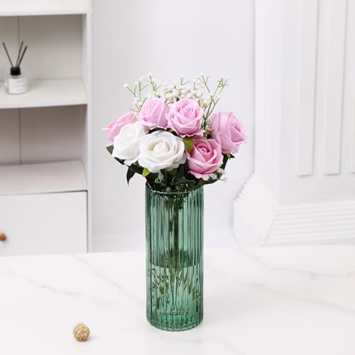 Green Glass Vase, Glass Flower Vase, Ribbed Glass Vase, Green Vase, Tall Cylinder Glass Vases for Centerpieces, Living Room, Bedroom, Dining Table, Office, Wedding, Bookshelf, 10 Inches - color: Green, size: 10''