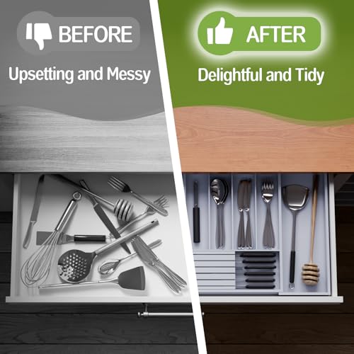 Bamboo Kitchen Silverware Drawer Organizer - Expandable Wood Utensil Holder with Dividers, Luxury Cutlery Storage Tray for Kitchen Utensil and Flatware (5-7 Slots with Removable Knife Block, Grey) - color: Grey
