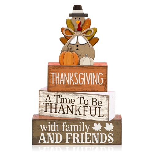 Lineshading 4 Pcs Thanksgiving Decoration for Home Wooden Turkey Decor Thanksgiving Table Centerpiece Fall Tiered Tray Decor Rustic Decorative Turkey Block Signs Gift for Home Kitchen Shelf - style: Elegant Turkey