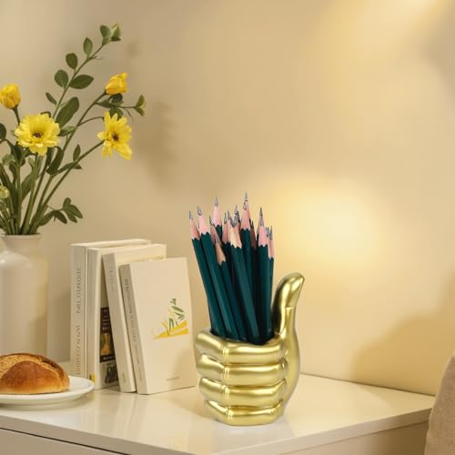 Thumbs Up Pen Holder and Phone Stand,Thumbs Up Very Good Pen Container Cell Phone Stand Holder Desk Organizer Decoration for Office Desk Home Decorative (golden) - color: golden