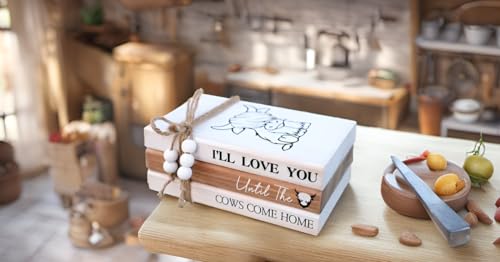 LIVDUCOT Highland Cow Wood Book Stacks Decor - Rustic Farmhouse Decorative Books Sign for Home Coffee Table Mantle Fireplace Shelf Decorations - I'll Love You Until the Cows Come Home 7.5x5x3' - color: Cow