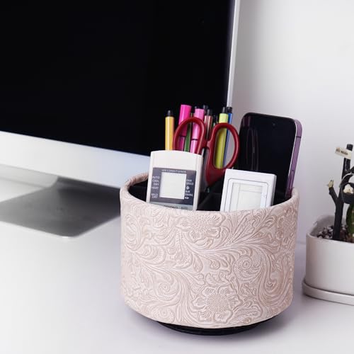lizimandu Round Leather Art Supply Organizer,Remote Control Holder,360 Degree Spinning,Multi-Functional Pencil Holder,4 Compartments Desktop Stationary Organizer(1-Carved White) - color: 1-Carved White