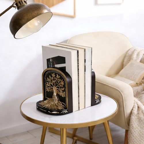Tree of Life Bookends, Black Gold 2 Non-Skid Heavy Decorative Bookends for Shelves Or Bookcase, Elegant Bookends for Library Office Decor, Home Décor Gift - color: Black Gold