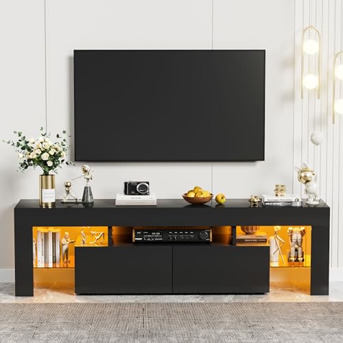 YESHOMY Modern Black LED TV Stand for Televisions up to 70 Inch with Glass Shelves and Drawer, Gaming Entertainment Center with Multiple Dynamic RGB Modes, for Livingroom, Bedroom, 60 Inch, Black - color: Black