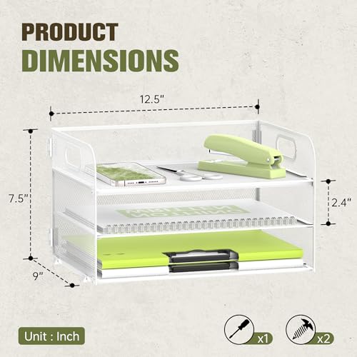 DALTACK 3 Tier Paper Organizer with Handle, Mesh Metal Desk Organizer with Sliding Paper Trays for Letter/A4 Paper, Mail, Bills & Folders, White - color: White