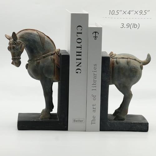 Lukitas Tang Horse Decorative Bookends, Heavy Duty Non-Slip Book Holders, Vintage Artistic Ornaments for Office Home Bookshelf Decor, Resin - color: Tang Horse