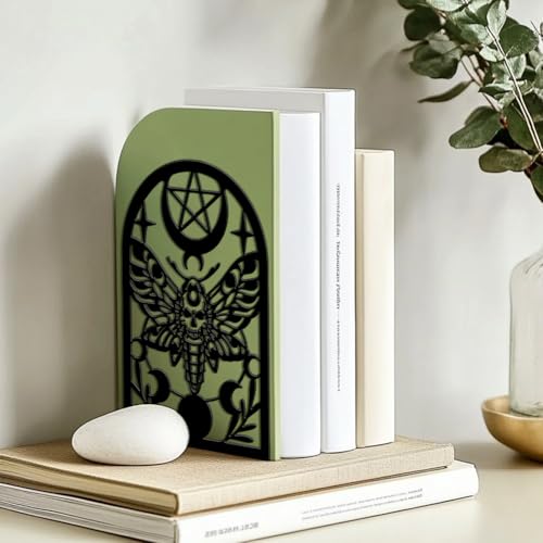 Peacoblue Metal Bookends for Shelves, Modern Decorative Heavy Duty Study Book Ends Stoppers for Office, Desk, Shelf, Room 5.3"x4.3"x7.9" Cast Iron Simple Tall Bookends 1 Pair (Death Moth) - style: Death Moth
