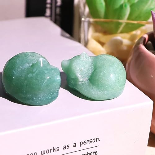 QINJIEJIE Green Aventurine Cat Crystals Decor Sleeping Cat Statue Healing Stone Decor Gifts Hand Carved Gemstones Figurine Office Room Home Desk Decorations Cute Gem Lucky Energy Gifts for Women Men - color: G-green-green Aventurine, size: 1.5 inches