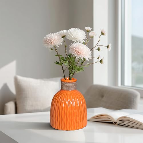 Orange Ceramic Vase 6 Inch - Small Ceramic Flower Vase for Home Decor,Round Textured Vases for Fall Decorative, Shelf, Bookshel, Office, Fireplace Mantle - color: Orange
