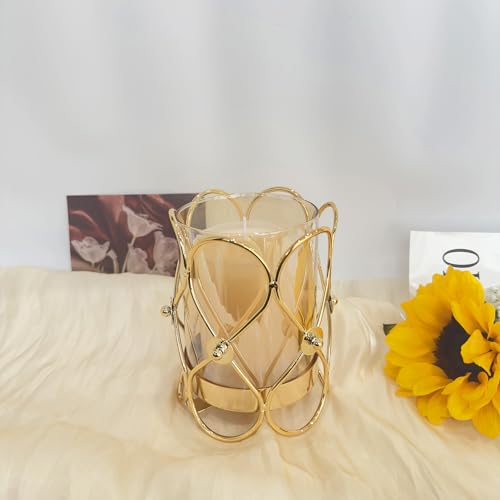 Hurricane Candle Holder, Gold Pillar Candle Holder with Geometric Decorative Accents & Windproof Glass Lid, Perfect for Weddings, Dinners, Parties & Special Events - size: 15cm
