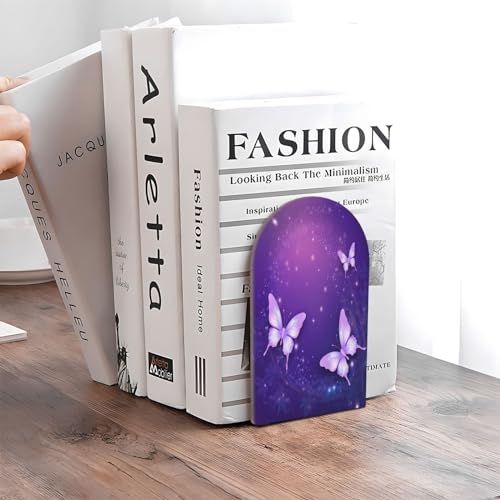 Purple Butterfly Sparkle Star L-Shaped Book Ends 1 Pair Wood Bookends Book End Supports for Heavy Book Shelf Holder Home Decorative - color: Purple Butterfly Sparkle Star