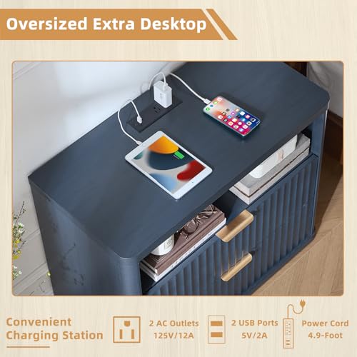 LEYAOYAO 31" Wide Fluted Nightstand with Charging Station, Oversized Extra Large 2 Drawers Night Stand,Blue Wood Bedside Table,Tall Bed Side End Tables,Modern Chest of Drawers Dressers for Bedroom - color: Blue, size: 2 Drawers