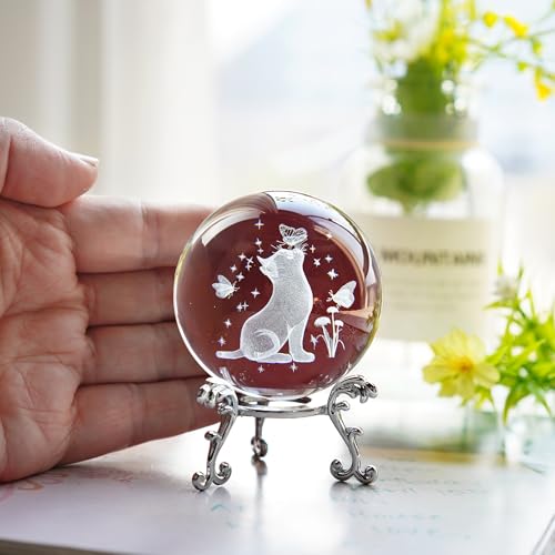 3D Glass Cat Crystal Ball with Stand 60mm Decorative Cats Figurine Paperweight Crystal Sphere Home Officce Table Decor Gifts for Cat Lovers - color: Cat