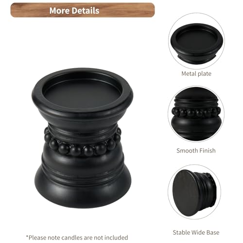 Wooden Candle Holder with Metal Cup - Rustic 4 Inch Pillar Candles Pedestal Stand for Tabletop, Fireplace, Decorative Beaded Candlestick Holders for Farmhouse Vintage Home Decor - Black - color: Black