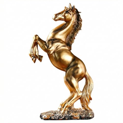 Golden Rearing Horse Statue for Home Decor - 12.2" Antique Gold Resin Stallion Sculpture - Lucky Feng Shui Figurine for Office Desk, Bookshelf & Business Gifts (Symbol of Success) - color: Golden