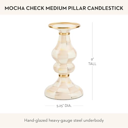 MACKENZIE-CHILDS Enamel Pillar Candlestick, Cute Pillar Candle Stand, Medium, Brown-and-White Mocha Check - color: Mocha Check, size: Medium