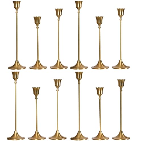 SylvaCraft Brass Gold Candle Holders Rustproof Taper Candlestick Holders for Holiday Party Table Centerpiece Wedding Fireplace Mantel Housewarming Gift(4 Sets(12 Pcs)) - size: 4 Sets(12 Pcs)