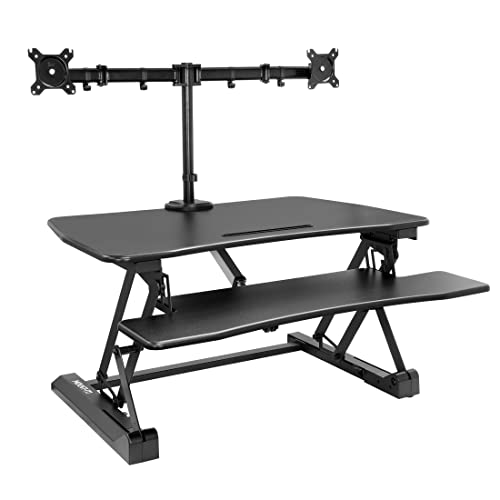 Mount-It! Electric Standing Desk Converter with Dual Monitor Arms for 2 Screens (Max 32"), Large 35.4" Wide Desktop, Motorized Stand Up Desk Riser, Keyboard Tray, USB, Black Stand up Desk Convertor - size: Large 35.4"