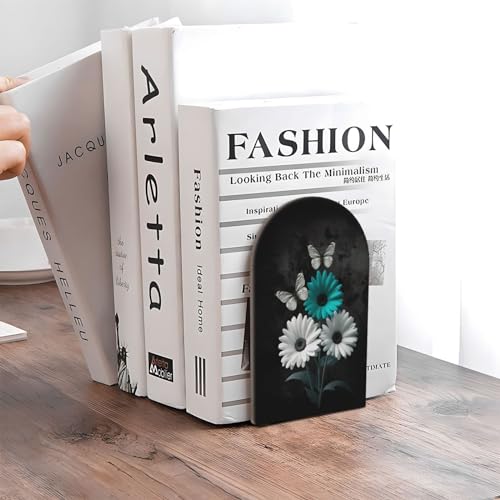 Blue Flowers Butterflies White L-Shaped Book Ends 1 Pair Wood Bookends Book End Supports for Heavy Book Shelf Holder Home Decorative - color: Blue Flowers Butterflies White