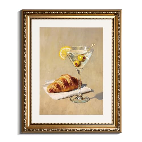 InSimSea Gold Framed Wall Art, Kitchen Dining Room Vintage Cocktail Martini Croissant Wall Shelf Decor, Still Life Canvas Print Art, Home Bar Decor, Antique Paintings with Picture Frame 13x16inch - color: Olive in a Glass, size: 16"L x 13"W