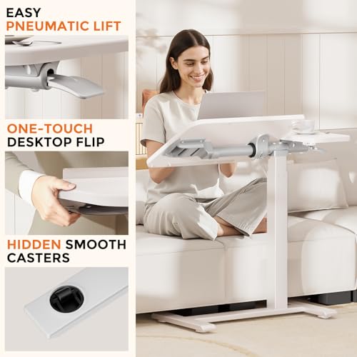 GTPLAYER Overbed Bedside Table with Wheels,Tiltable Hospital Bed Table Over The Bed, Pneumatic Adjustable Rolling Laptop Desk, Mobile Standing Desk for Hospital and Home Use (White) - color: White