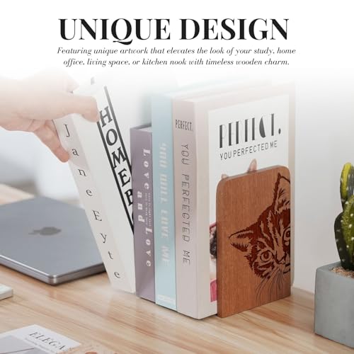 Cat Bookends, Cat Lover Gifts for Women Men, Novelty Book Ends Unique, Heavy Duty Wooden Bookends for Shelves Decorative(1 Pair, 4.72x6.69 Inches) - Peek - color: Peek