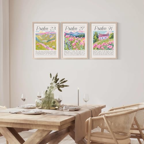 MochaMilly Psalm 23, 27, 91 Bible Print Pink Christian Wall Art Bible Verse Canvas Poster Floral Wall Decor Religious Picture Girls Room Print Bible Poster Set Fashion Preppy Style Bedroom Painting Framed - color: Psalms 23, 27, 91 Scripture Prints, size: