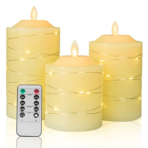 Battery Operated Flameless LED Candles: with Embedded String Lights, 3 Pack Flickering Electric Candle with 10-Key Remote Control for Seasonal Festival Celebration Real Wax(Batteries not Included) - color: H09# Ivory 3Pack Real Wax