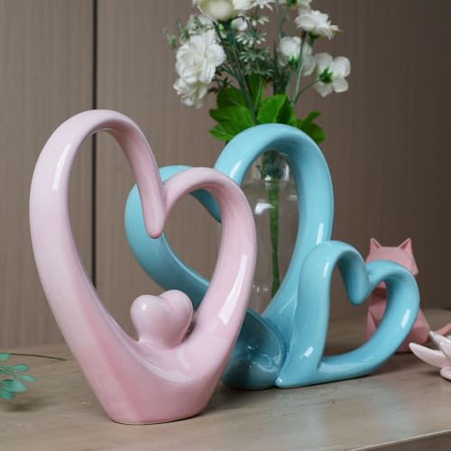 HAUCOZE Double Heart Statue Figurine Love Gifts Decor Modern Sculpture Bookshelf Arts Table Centerpiece Statue Ceramic Crafts 9.5 inch