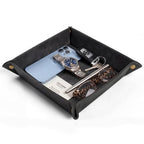 CoBak Leather Valet Tray for Men, Premium PU Leather Catch-All Tray for Entryway Table Key, Phone, Wallet, Coins & Jewelry, Bedside Nightstand Desk-top Catchall (Black) - color: Black